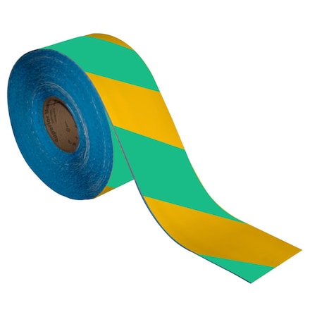 Superior Mark Floor Marking Tape, 4in x 100Ft , Green/Yellow Hazard Stripe IN-50-611I-4